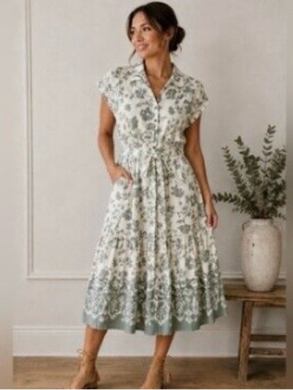 NWT Lucky Brand Cream and Sage Floral Button-Front Midi Dress